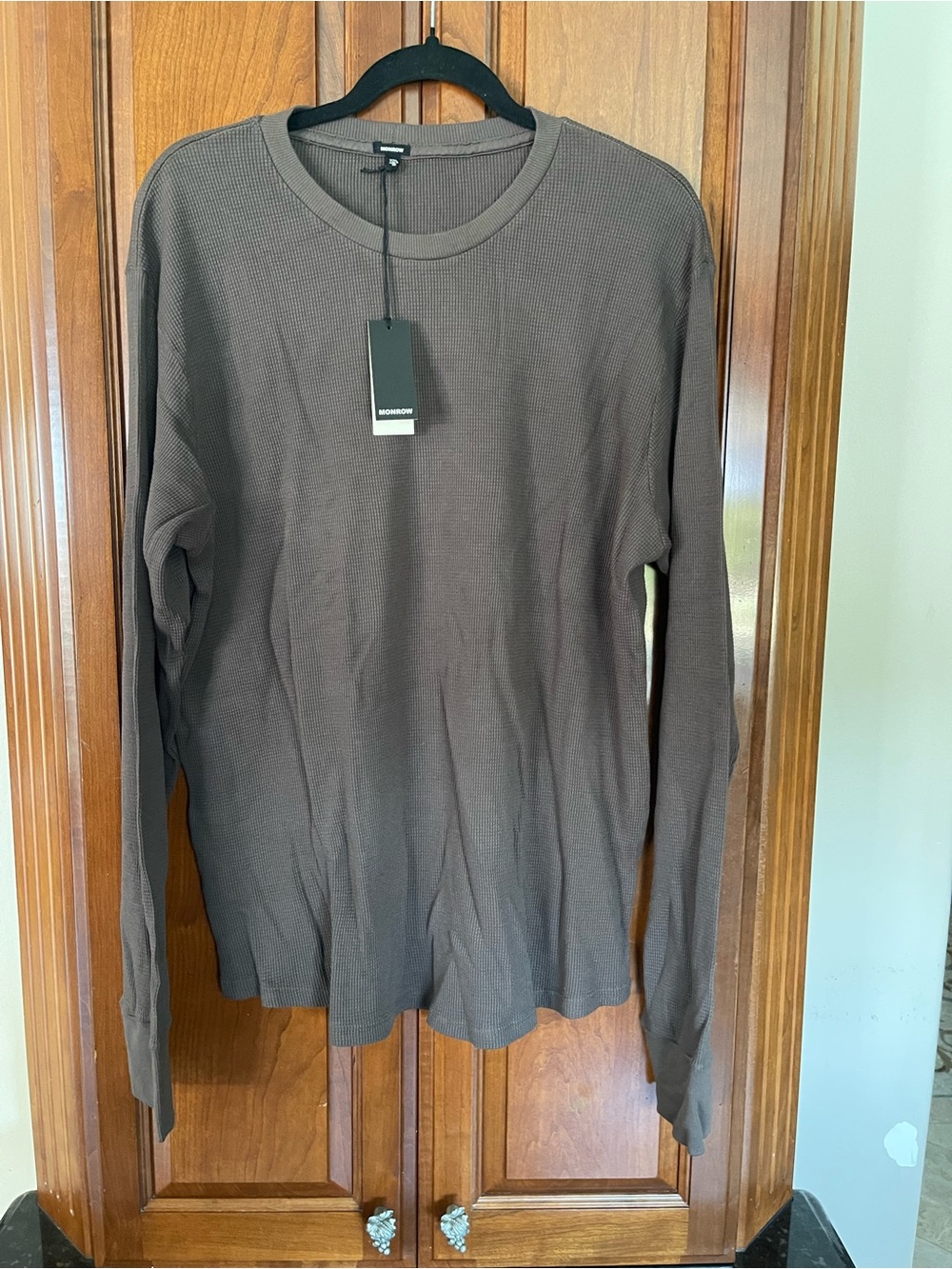 Monrow Men's Crewneck Waffle Knit Sweater in Dark Brown